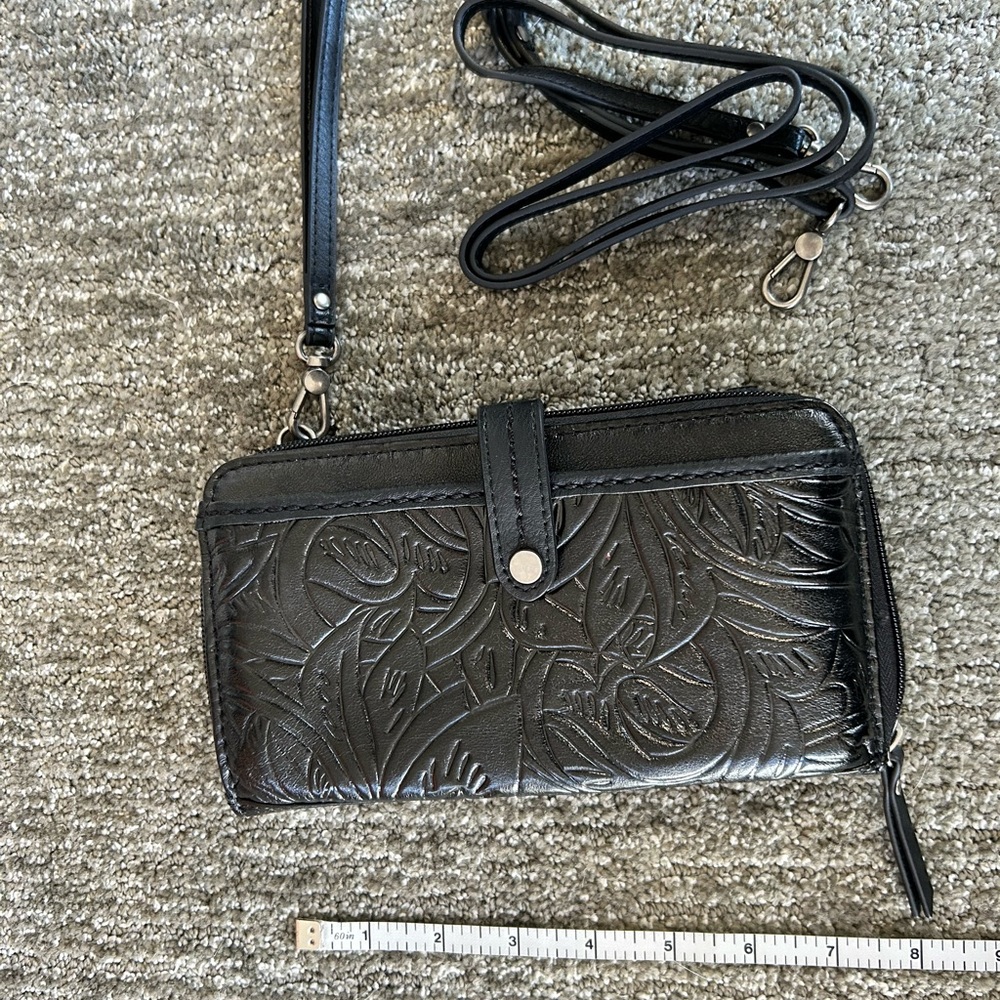 Black Embossed Leather Crossbody Wallet Clutch